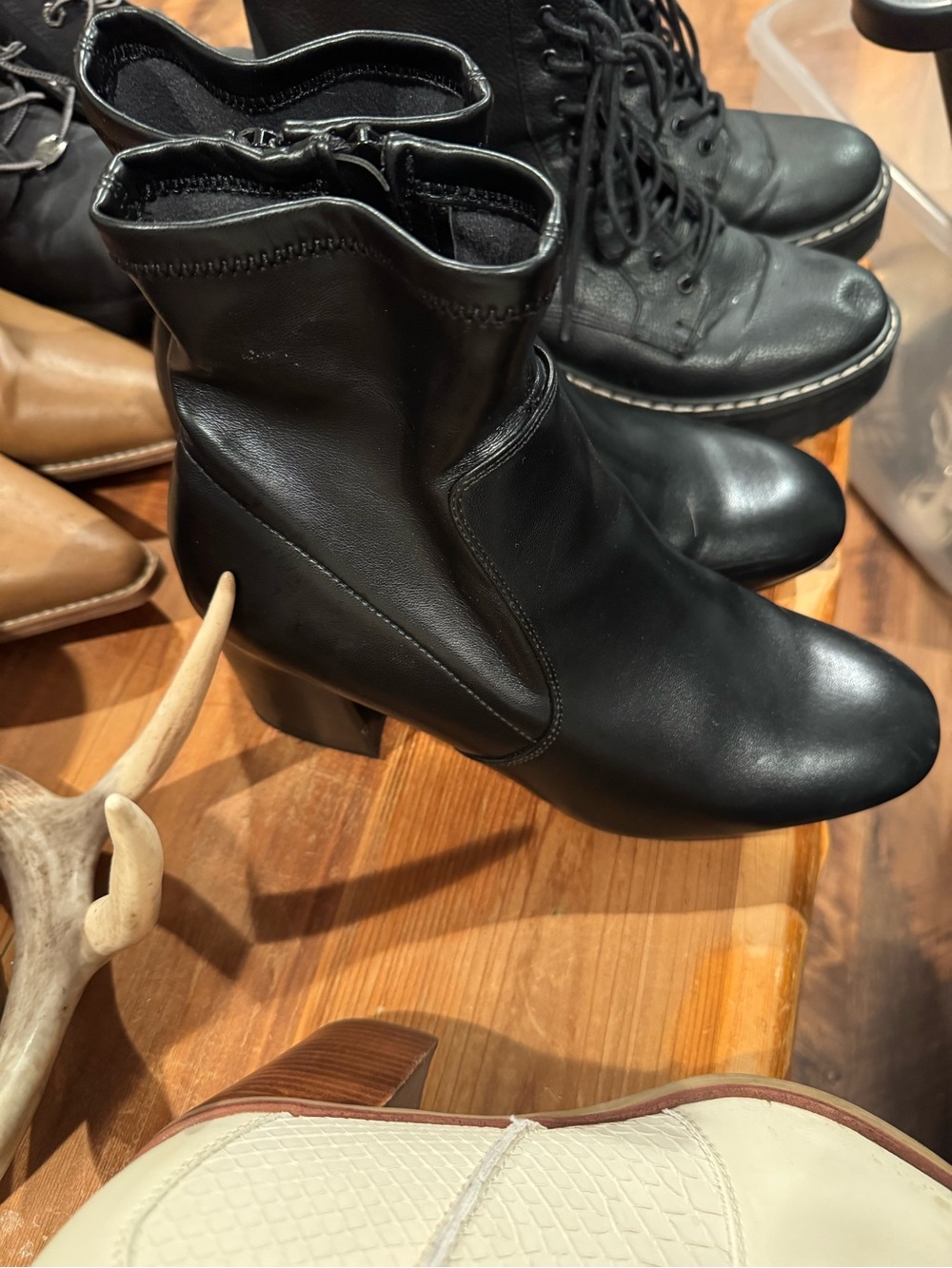 SO Black Leather Ankle Boots with Low Block Heel